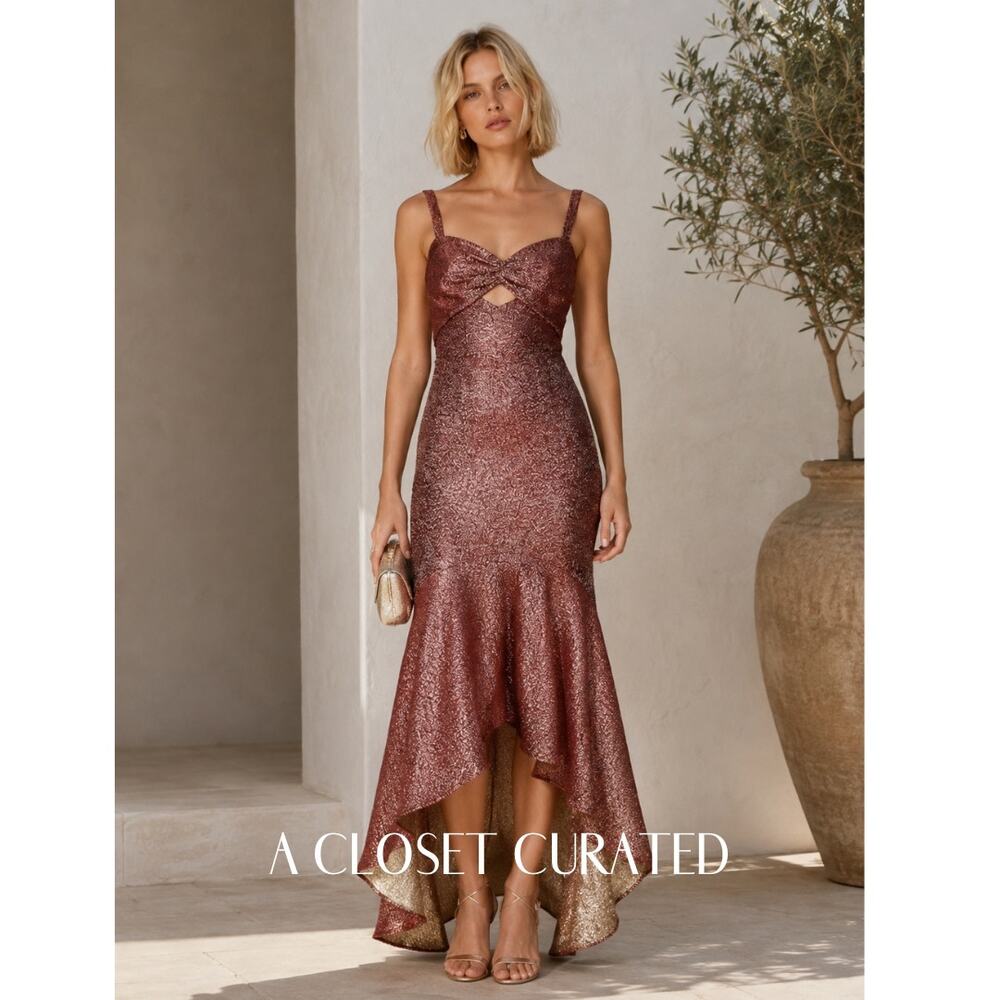 Monique Lhuillier Metallic High Low Maxi Dress